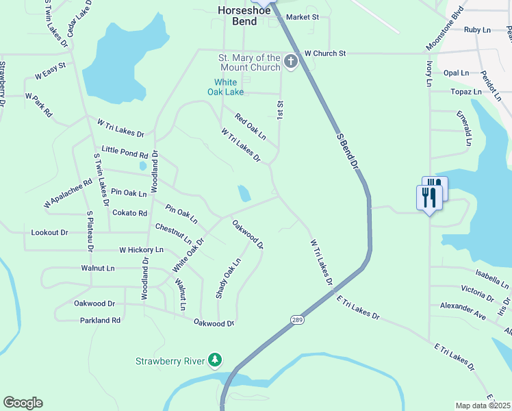 map of restaurants, bars, coffee shops, grocery stores, and more near 1700 Oakwood Drive in Horseshoe Bend