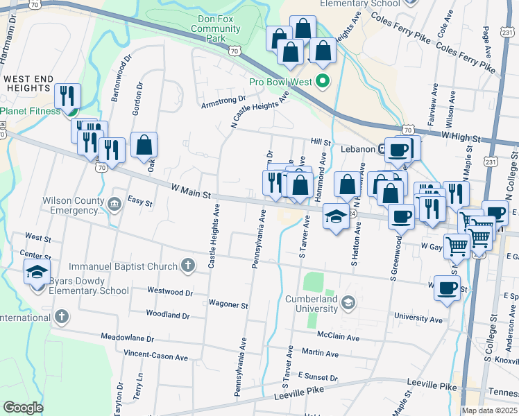 map of restaurants, bars, coffee shops, grocery stores, and more near 602 West Main Street in Lebanon