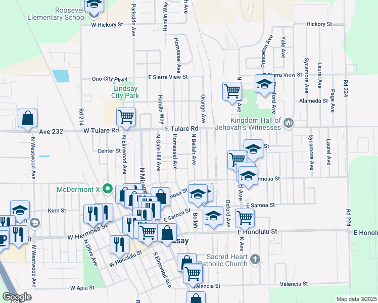 map of restaurants, bars, coffee shops, grocery stores, and more near 469 2nd Street in Lindsay