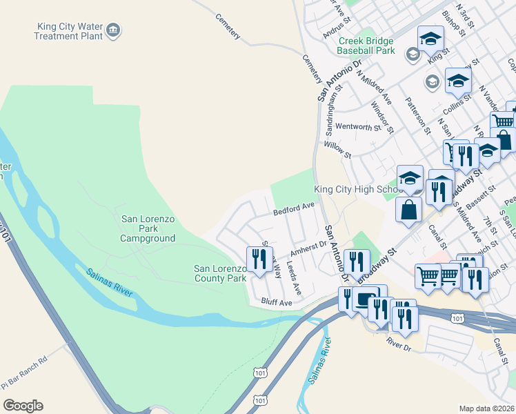 map of restaurants, bars, coffee shops, grocery stores, and more near 1316 Bedford Avenue in King City