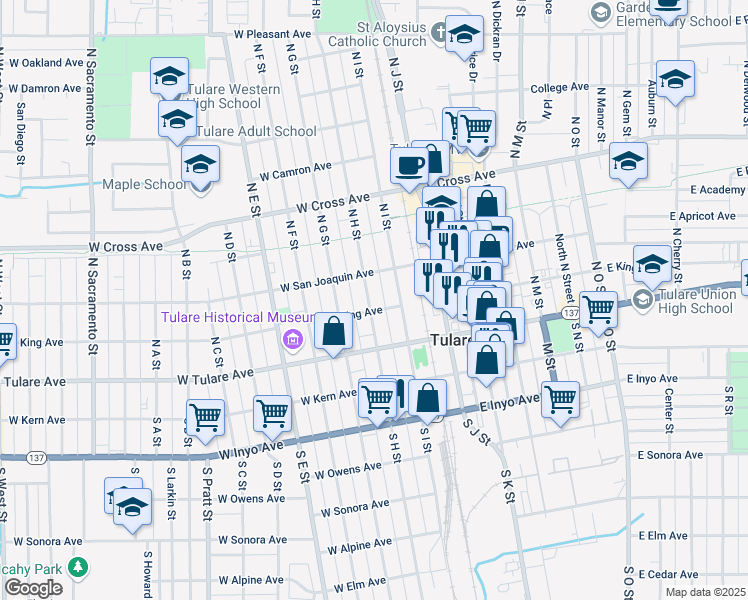 map of restaurants, bars, coffee shops, grocery stores, and more near 136 West King Avenue in Tulare