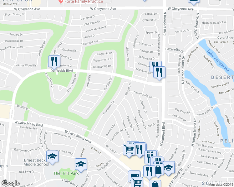 map of restaurants, bars, coffee shops, grocery stores, and more near 2708 Showcase Drive in Las Vegas