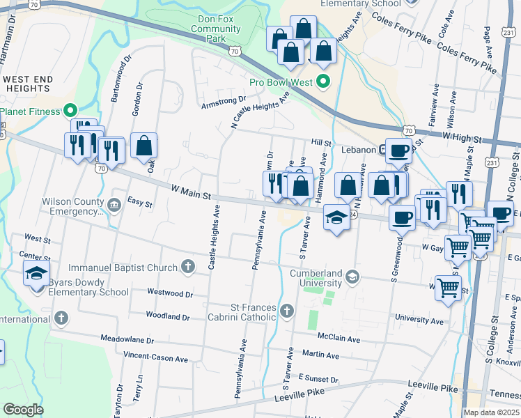 map of restaurants, bars, coffee shops, grocery stores, and more near 610 West Main Street in Lebanon