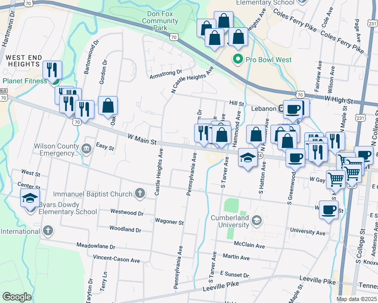 map of restaurants, bars, coffee shops, grocery stores, and more near 610 West Main Street in Lebanon