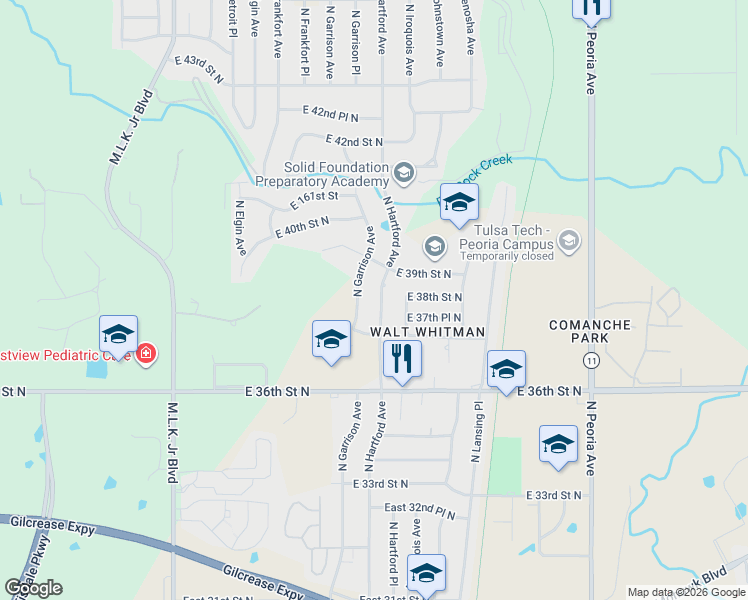 map of restaurants, bars, coffee shops, grocery stores, and more near 3720 North Hartford Avenue in Tulsa