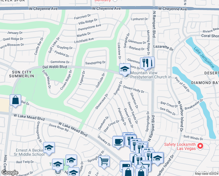 map of restaurants, bars, coffee shops, grocery stores, and more near 2729 Showcase Drive in Las Vegas