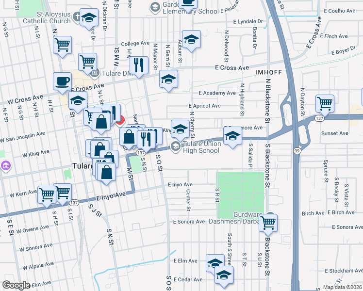 map of restaurants, bars, coffee shops, grocery stores, and more near 755 East Tulare Avenue in Tulare