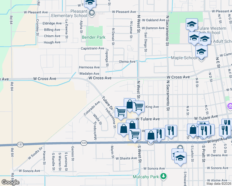 map of restaurants, bars, coffee shops, grocery stores, and more near 351 North West Street in Tulare