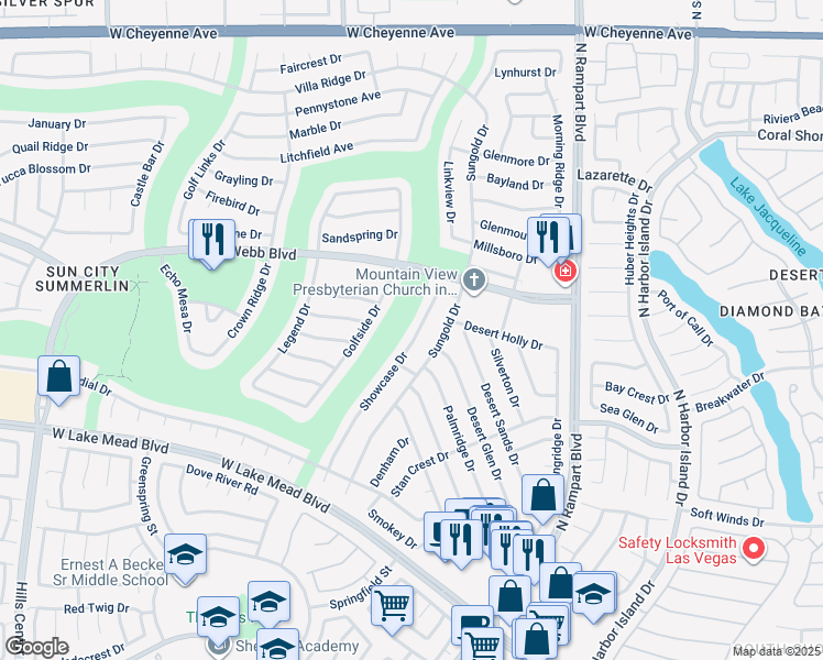 map of restaurants, bars, coffee shops, grocery stores, and more near 2729 Showcase Drive in Las Vegas