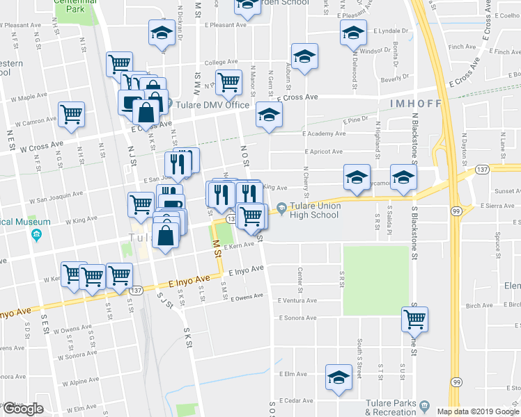 map of restaurants, bars, coffee shops, grocery stores, and more near 614 East Tulare Avenue in Tulare