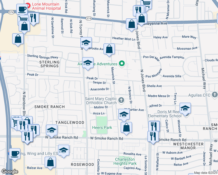 map of restaurants, bars, coffee shops, grocery stores, and more near 6212 Miraloma Street in Las Vegas