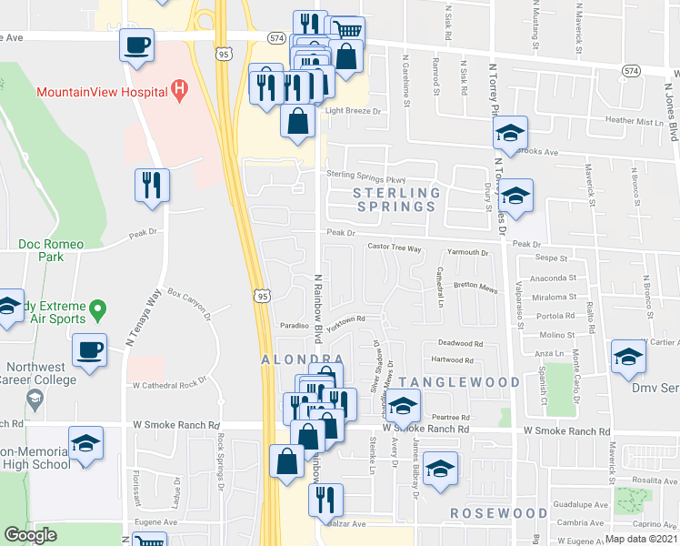 map of restaurants, bars, coffee shops, grocery stores, and more near 2613 Camphor Tree Street in Las Vegas
