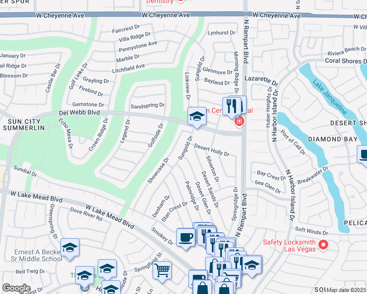 map of restaurants, bars, coffee shops, grocery stores, and more near 2741 Sungold Drive in Las Vegas