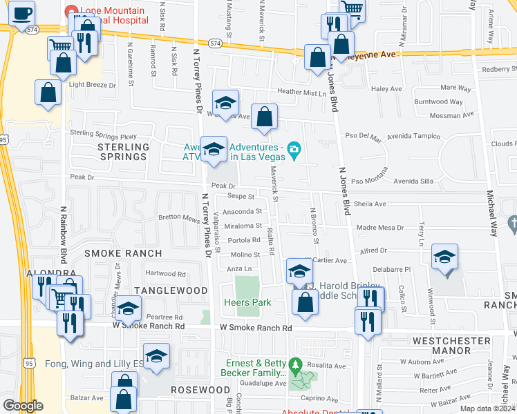 map of restaurants, bars, coffee shops, grocery stores, and more near 6212 Anaconda Street in Las Vegas
