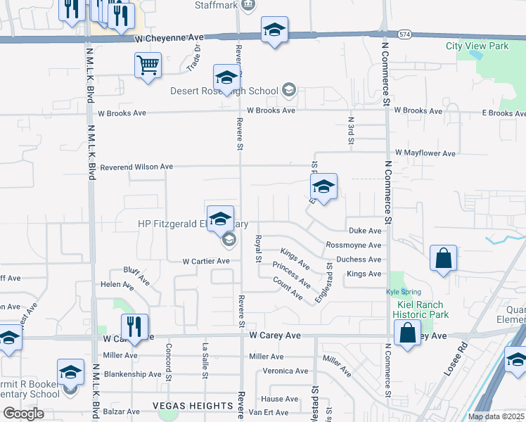 map of restaurants, bars, coffee shops, grocery stores, and more near 2708 Royal Street in North Las Vegas