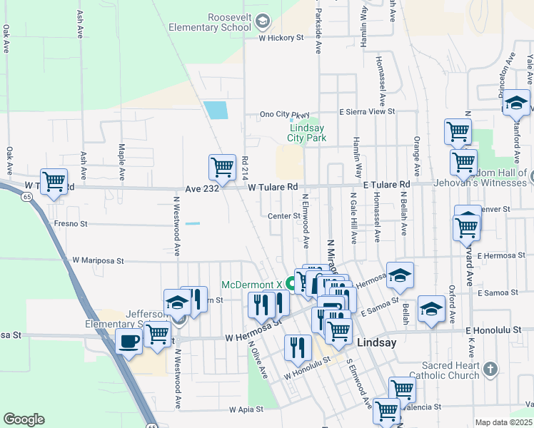 map of restaurants, bars, coffee shops, grocery stores, and more near 364 Center Street in Lindsay