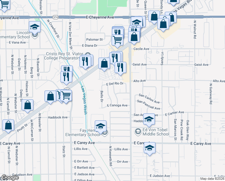 map of restaurants, bars, coffee shops, grocery stores, and more near 3517 East Del Rio Drive in North Las Vegas