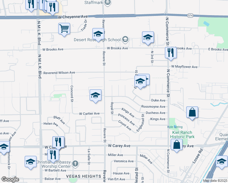 map of restaurants, bars, coffee shops, grocery stores, and more near 2708 Royal Street in North Las Vegas