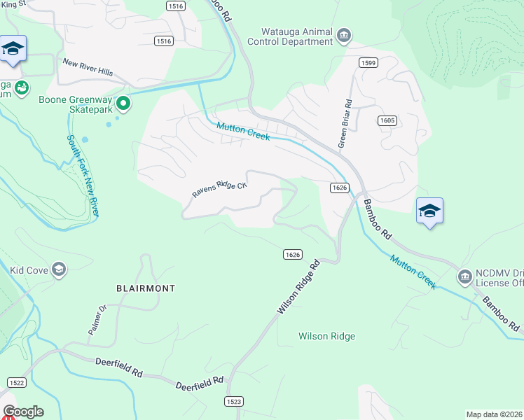 map of restaurants, bars, coffee shops, grocery stores, and more near 1354-1402 Ravens Ridge Circle in Boone