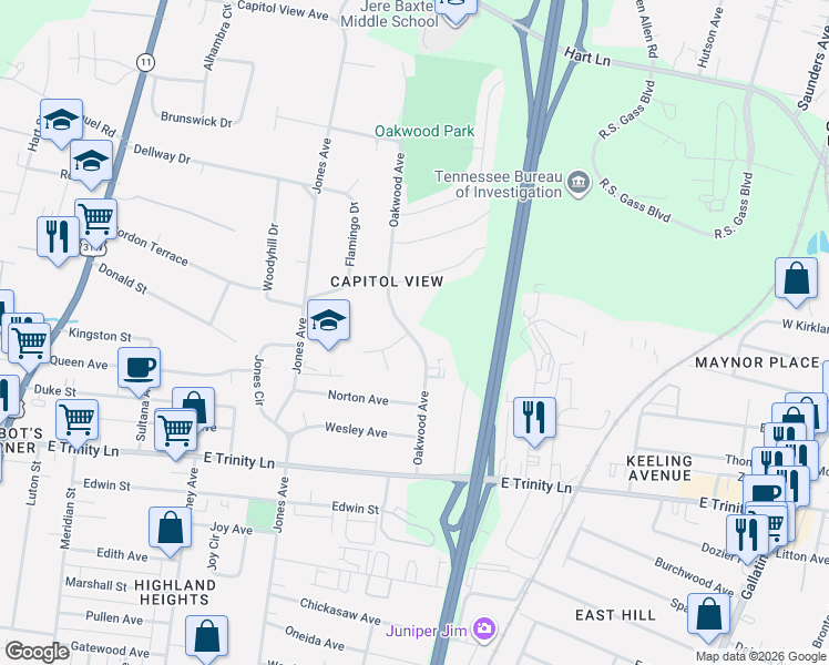 map of restaurants, bars, coffee shops, grocery stores, and more near 2085 Oakwood Avenue in Nashville