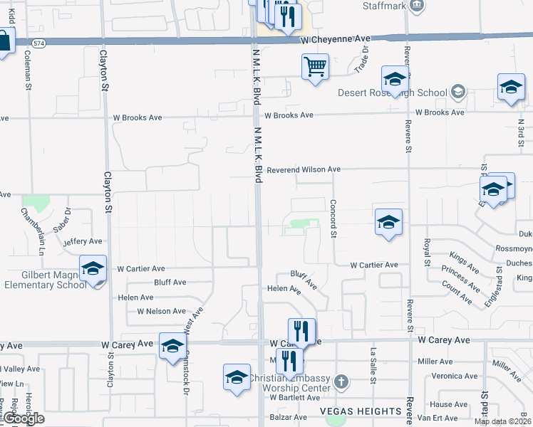 map of restaurants, bars, coffee shops, grocery stores, and more near 2784 North Martin Luther King Boulevard in North Las Vegas
