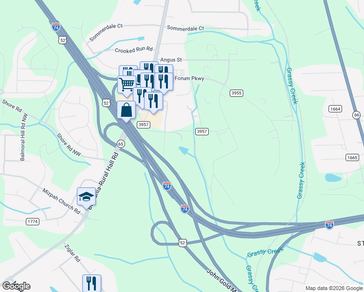 map of restaurants, bars, coffee shops, grocery stores, and more near 535 Montroyal Road in Rural Hall