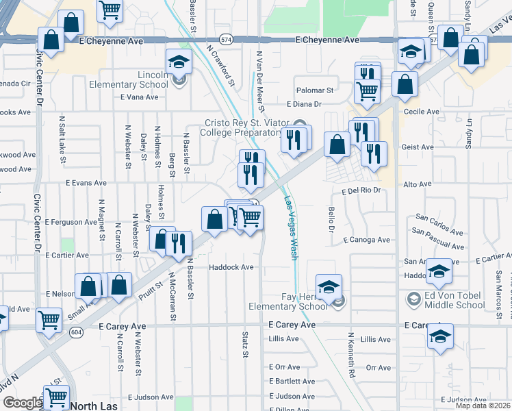 map of restaurants, bars, coffee shops, grocery stores, and more near in North Las Vegas