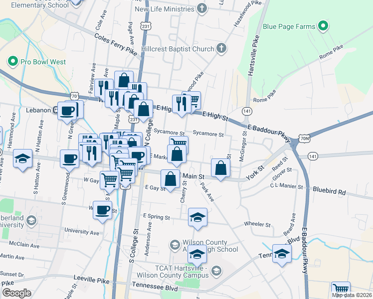 map of restaurants, bars, coffee shops, grocery stores, and more near 223 Cedar Street in Lebanon