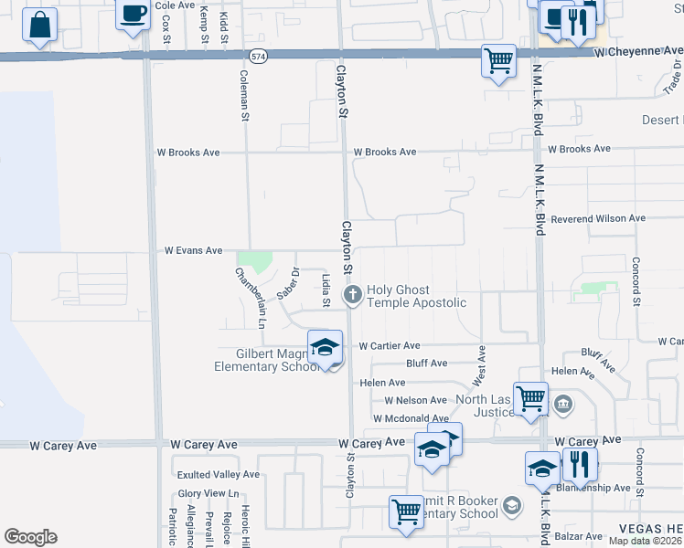 map of restaurants, bars, coffee shops, grocery stores, and more near 2745 Clayton Street in North Las Vegas