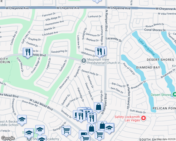 map of restaurants, bars, coffee shops, grocery stores, and more near 8601 Del Webb Boulevard in Las Vegas