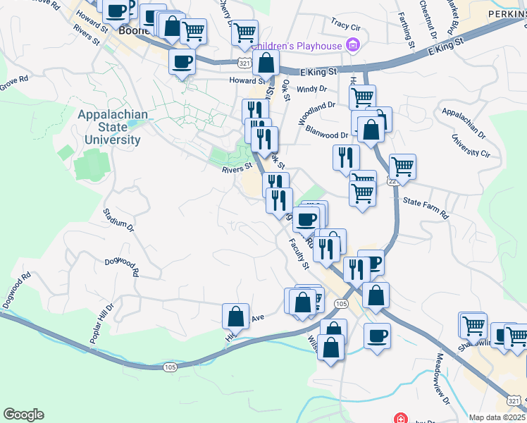 map of restaurants, bars, coffee shops, grocery stores, and more near 140 Faculty Street in Boone