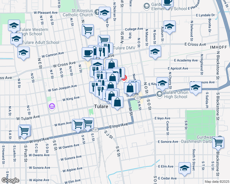 map of restaurants, bars, coffee shops, grocery stores, and more near 228 North K Street in Tulare