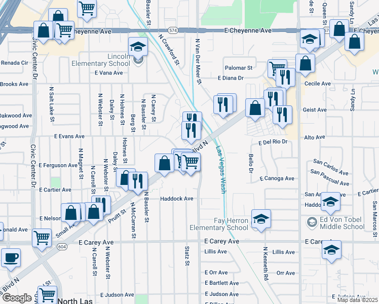 map of restaurants, bars, coffee shops, grocery stores, and more near N Las Vegas Blvd & Belmont St in North Las Vegas