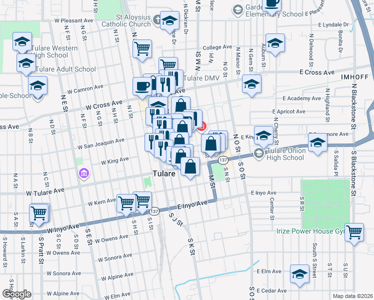 map of restaurants, bars, coffee shops, grocery stores, and more near 255 East King Avenue in Tulare