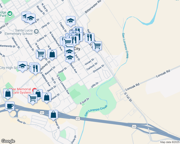 map of restaurants, bars, coffee shops, grocery stores, and more near 224 Carlson Street in King City