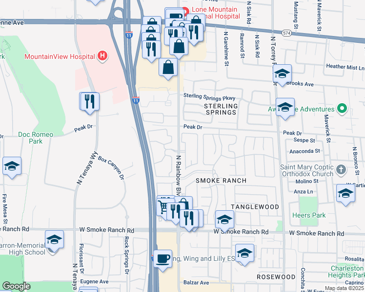 map of restaurants, bars, coffee shops, grocery stores, and more near 2700 North Rainbow Boulevard in Las Vegas