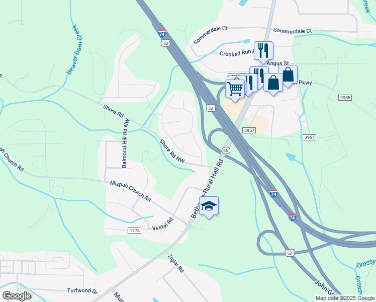 map of restaurants, bars, coffee shops, grocery stores, and more near 1261 Aurora Glen Drive in Rural Hall