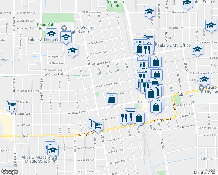 map of restaurants, bars, coffee shops, grocery stores, and more near 259 North G Street in Tulare