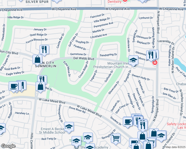 map of restaurants, bars, coffee shops, grocery stores, and more near 2633 Legend Drive in Las Vegas
