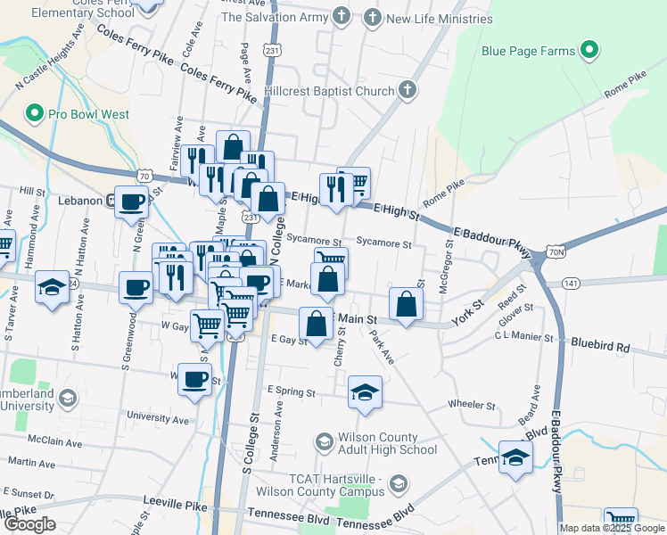 map of restaurants, bars, coffee shops, grocery stores, and more near 214 Cedar Street in Lebanon