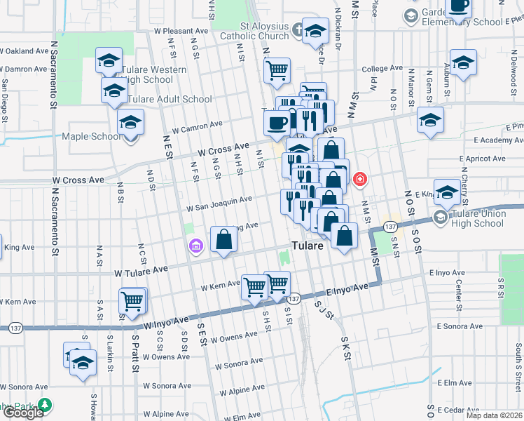 map of restaurants, bars, coffee shops, grocery stores, and more near in Tulare