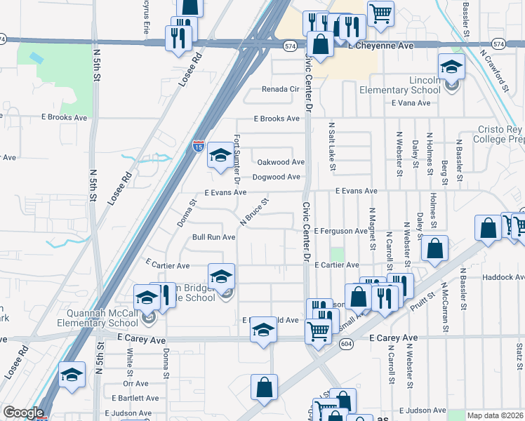 map of restaurants, bars, coffee shops, grocery stores, and more near 2720 North Bruce Street in North Las Vegas
