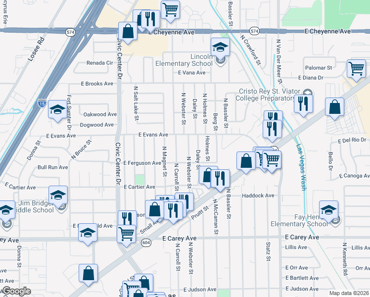 map of restaurants, bars, coffee shops, grocery stores, and more near 2721 North Webster Street in North Las Vegas