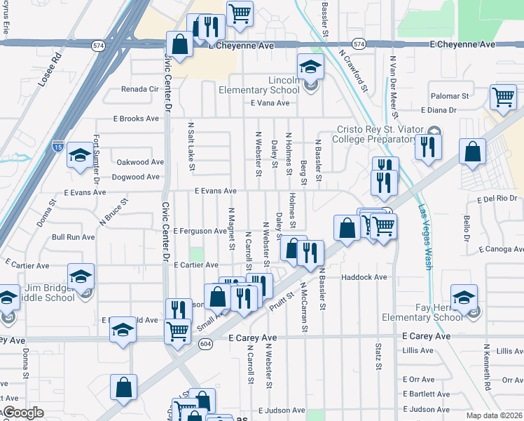 map of restaurants, bars, coffee shops, grocery stores, and more near 2721 North Webster Street in North Las Vegas