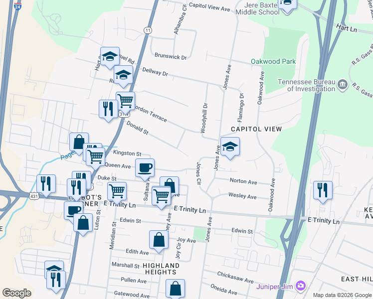 map of restaurants, bars, coffee shops, grocery stores, and more near 31 Gerald Street in Nashville