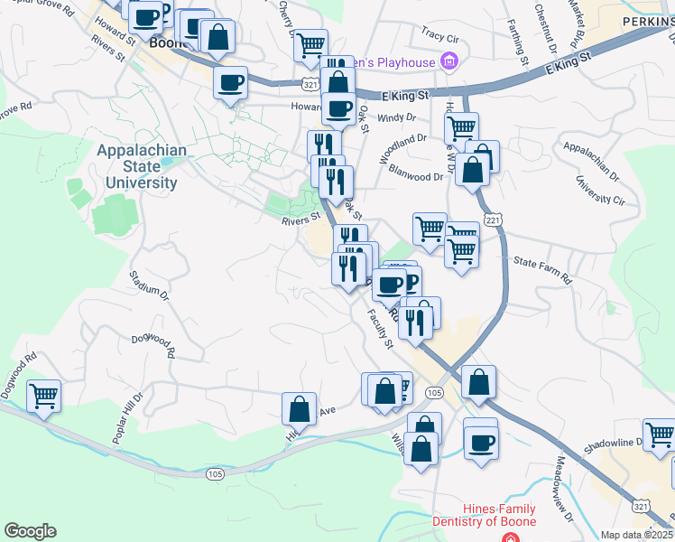 map of restaurants, bars, coffee shops, grocery stores, and more near 140 Faculty Street in Boone