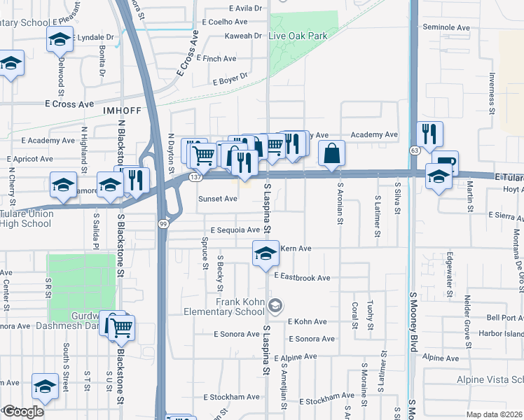 map of restaurants, bars, coffee shops, grocery stores, and more near 200 South Laspina Street in Tulare