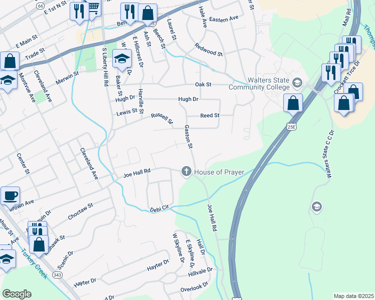 map of restaurants, bars, coffee shops, grocery stores, and more near 814 Gaston Street in Morristown