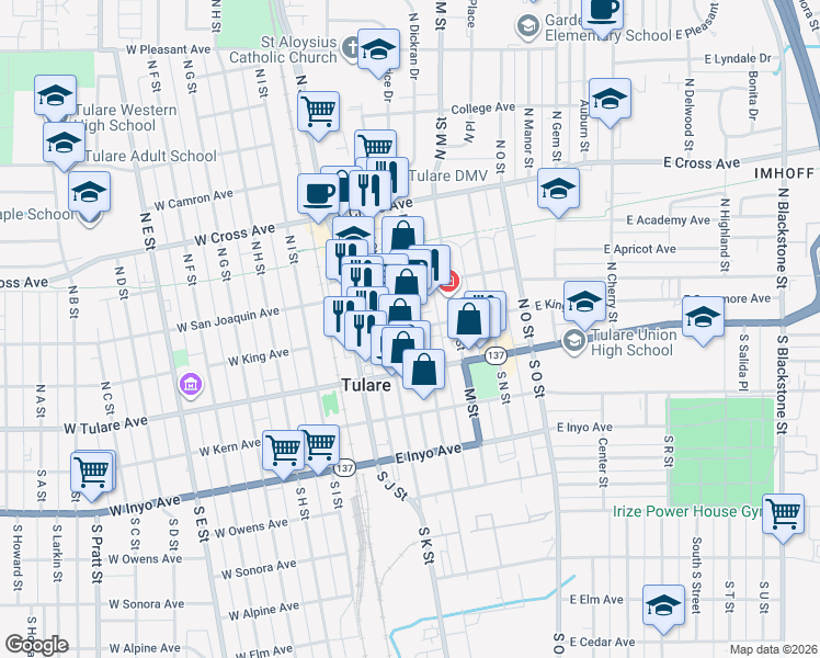 map of restaurants, bars, coffee shops, grocery stores, and more near 255 E King Ave in Tulare