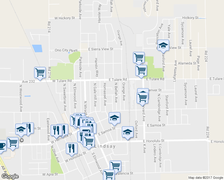 map of restaurants, bars, coffee shops, grocery stores, and more near 390 3rd Street in Lindsay